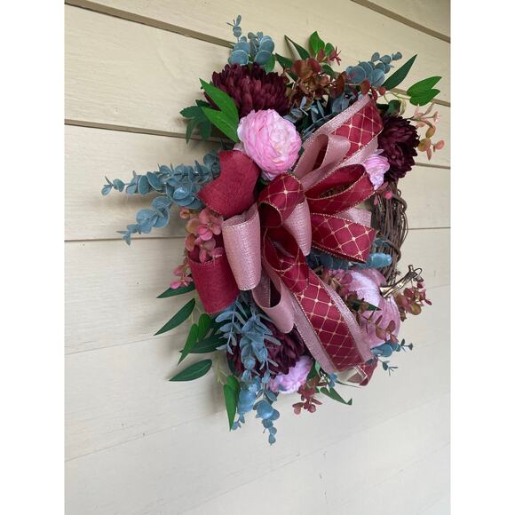 Pink Velvet Pumpkin Wreath, Burgundy & Blush Grapevine, Elegant Fall Front Door - Picture 7 of 7